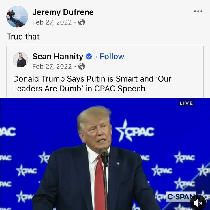 Jeremy Dufrene liking a post made by Sean Hannity